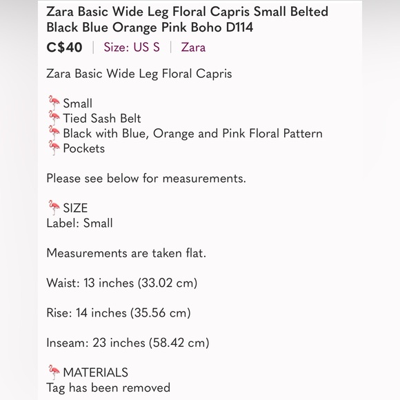 Zara Basic Wide Leg Floral Capris Small Belted Black Blue Orange Pink Boho D114 - Picture 6 of 6